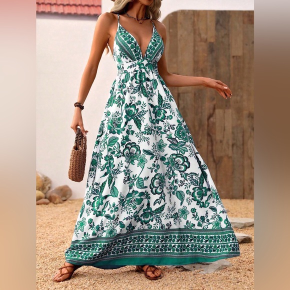 Criss cross boho gypsy floral maxi dress v neck backless orange white - Picture 5 of 7